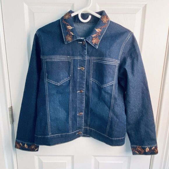 Vintage Y2k Jean Jacket Blazer Embroidered Denim Size XL 12 Fall Floral Trucker - Picture 2 of 11